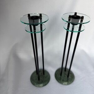 Postmodern Glass & Metal Candle Holders Pair Marble Base Sculptural Modern Decor
